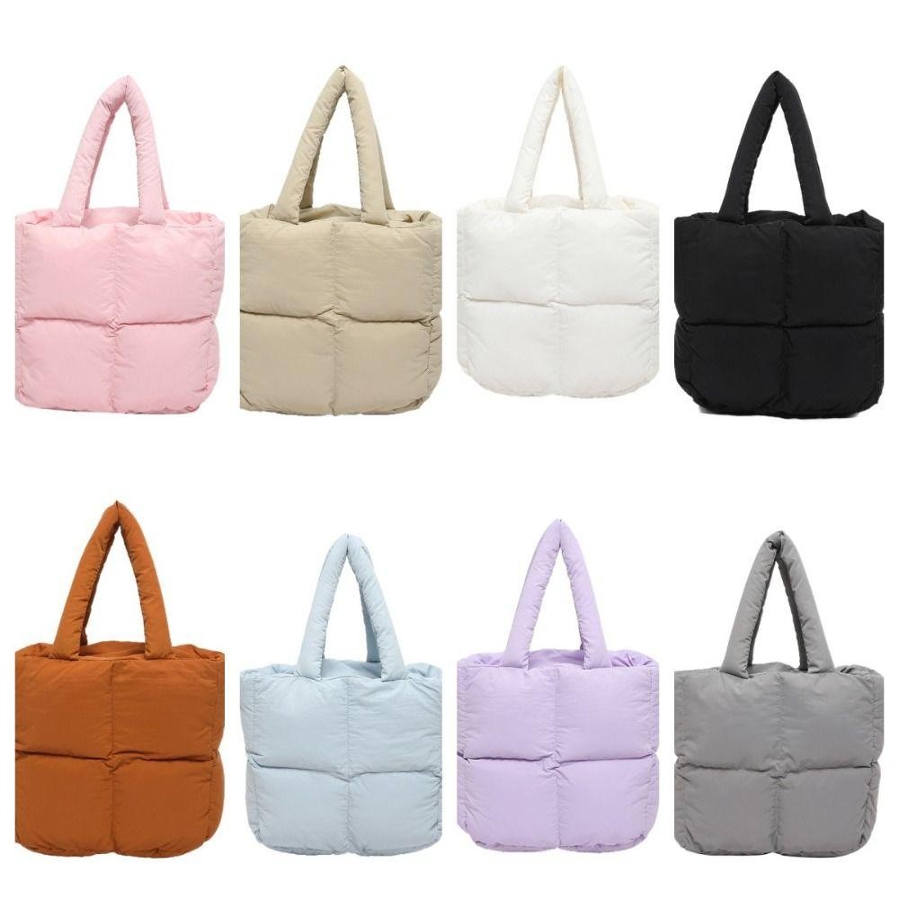 Lfinds Space Cotton กระเป๋าถือ, สีทึบไนลอน Cloud Tote Bag, แฟชั่นเบาะความจุขนาดใหญ่ Handle Puffy กระเป๋าสะพายทุกวัน