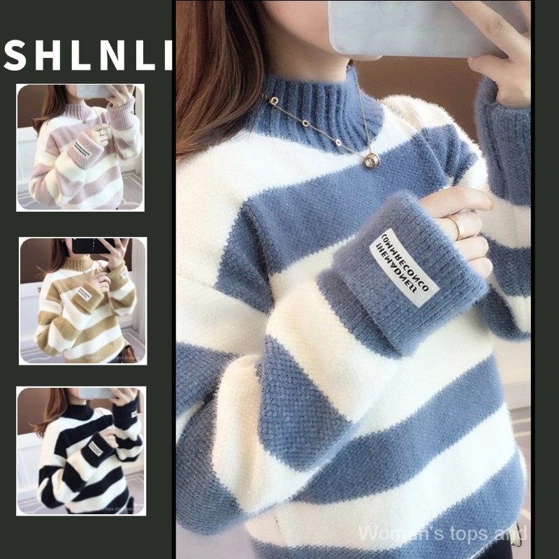 ฤดูใบไม้ร่วงฤดูหนาวผู้หญิงสไตล์เกาหลีลายครึ่งคอสูงถักเสื้อกันหนาวสบายๆหลวมตุ๊กตาหนาเสื้อกันหนาว