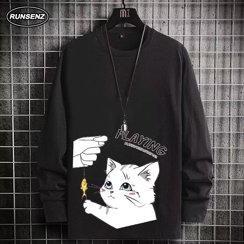 M-8xl การ์ตูนเกาหลีแขนยาวผู้ชาย Plus ขนาด T เสื้อฤดูใบไม้ร่วงลําลองหลวม Oversize Tee
