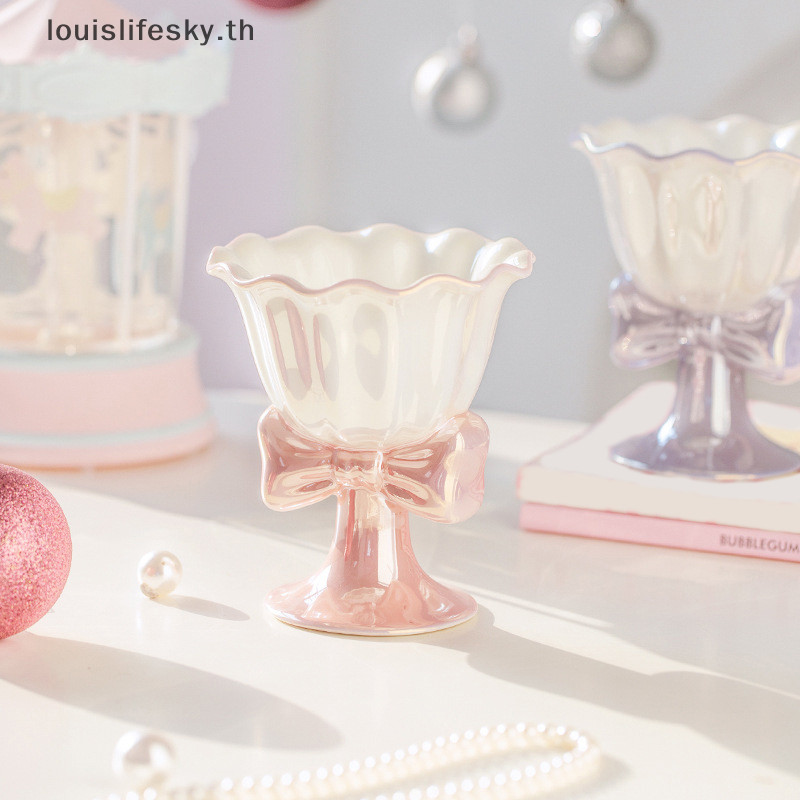 Llth 180ml Bowknot เซรามิคไอศกรีมถ้วยประณีตขนมหวานถ้วยนมแก้ว Drinkware Photo Props ของขวัญวันเกิดสาวของขวัญ Party Favors HOT