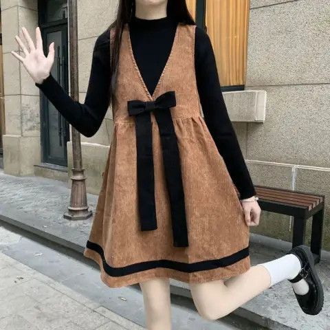 เสื้อผ้าผู้หญิงฤดูใบไม้ร่วงและฤดูหนาวสาวน่ารักสไตล์ญี่ปุ่นสวมใส่ชุดเดรสสายรัดผ้าลูกฟูกสำหรับคนตัวเล็กหวานสไตล์วิทยาลัย Guan Ge Huan Needle Ji 2w6q
