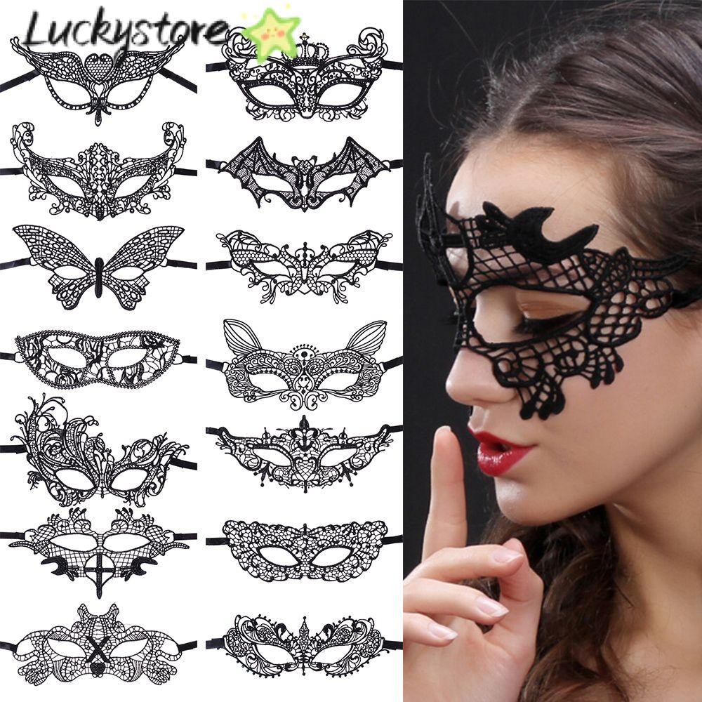 Lucky หน้ากากแฟนซี แบบครึ่งหน้า แต่งลูกไม้ สีดํา สไตล์โกธิค สําหรับปาร์ตี้ฮาโลวีน
