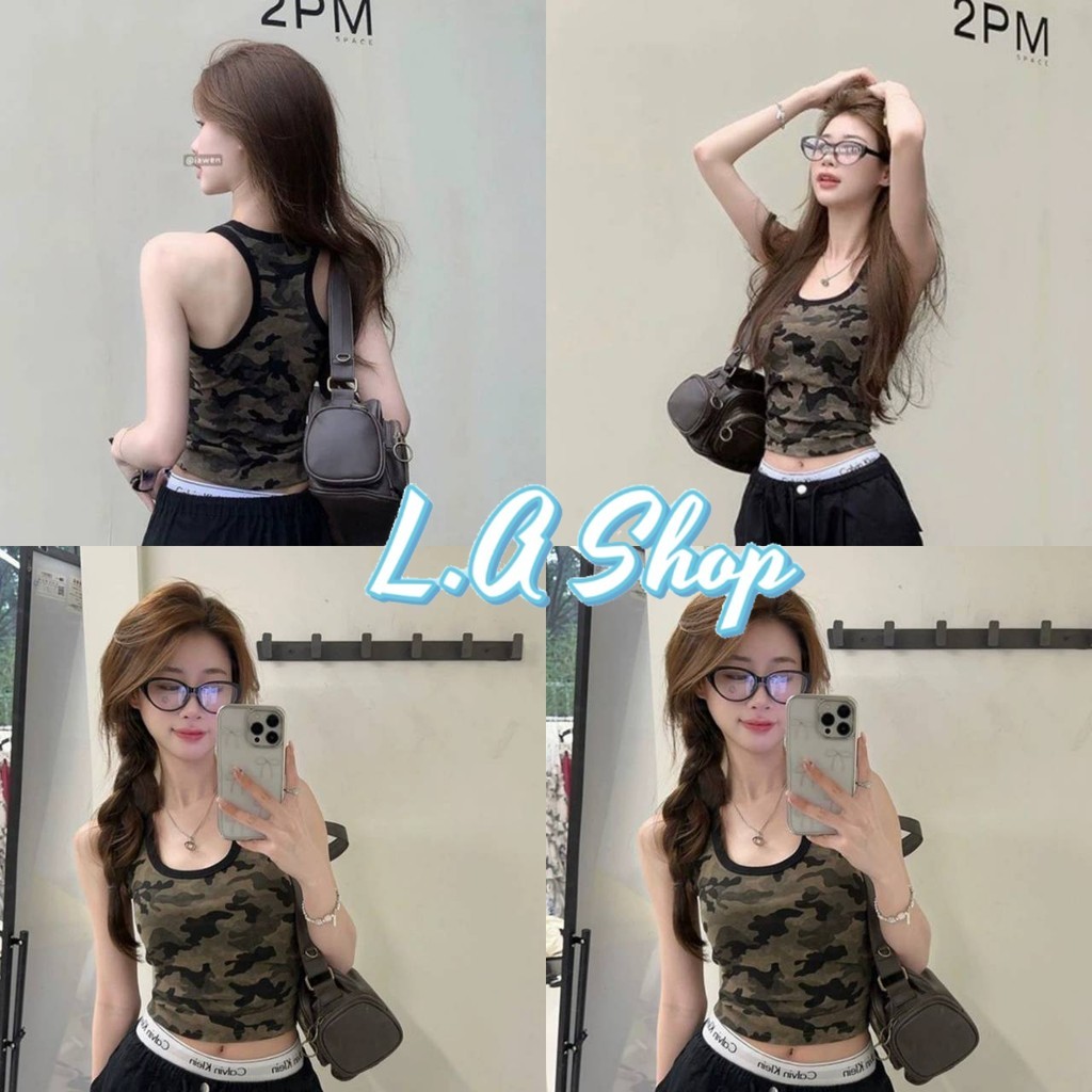 L.A Shop​-​พร้อมส่ง เสื้อกล้าม มีฟองน้ำ เกาหลีมาก ดีเทลลายพรางทหาร สีเขียว "FY841"