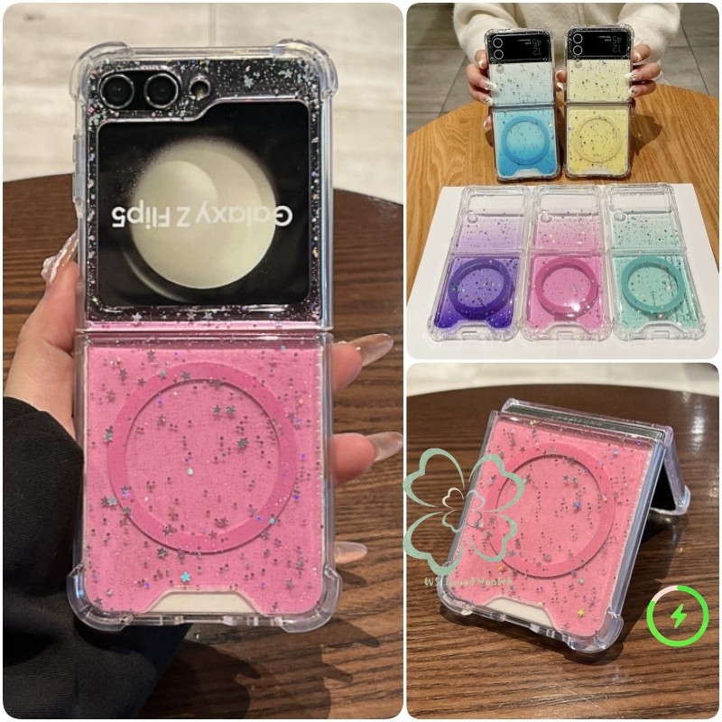 แฟชั่น Glitter Bling Gradient Magnetic Clear Case Samsung Galaxy Z Flip 6 Z Flip 5 Z Flip 4 Z Flip 3 Hard PC ปลอกสี่ Coner Anti Drop กันกระแทกฝาครอบป้องกัน Flip6 Flip5