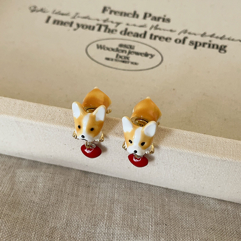 Corgi Puppy Love Heart S925 เข็มเงินต่างหูแฟชั่นหญิง