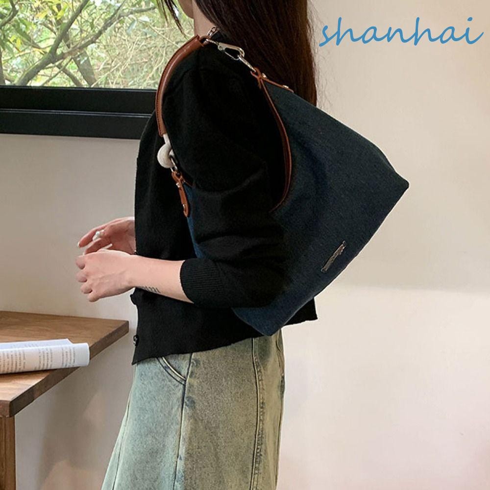 Shanhai กระเป๋าสะพายไหล่ ผ้ายีน ขนาดใหญ่ จุของได้เยอะ สีฟ้า สําหรับผู้หญิง
