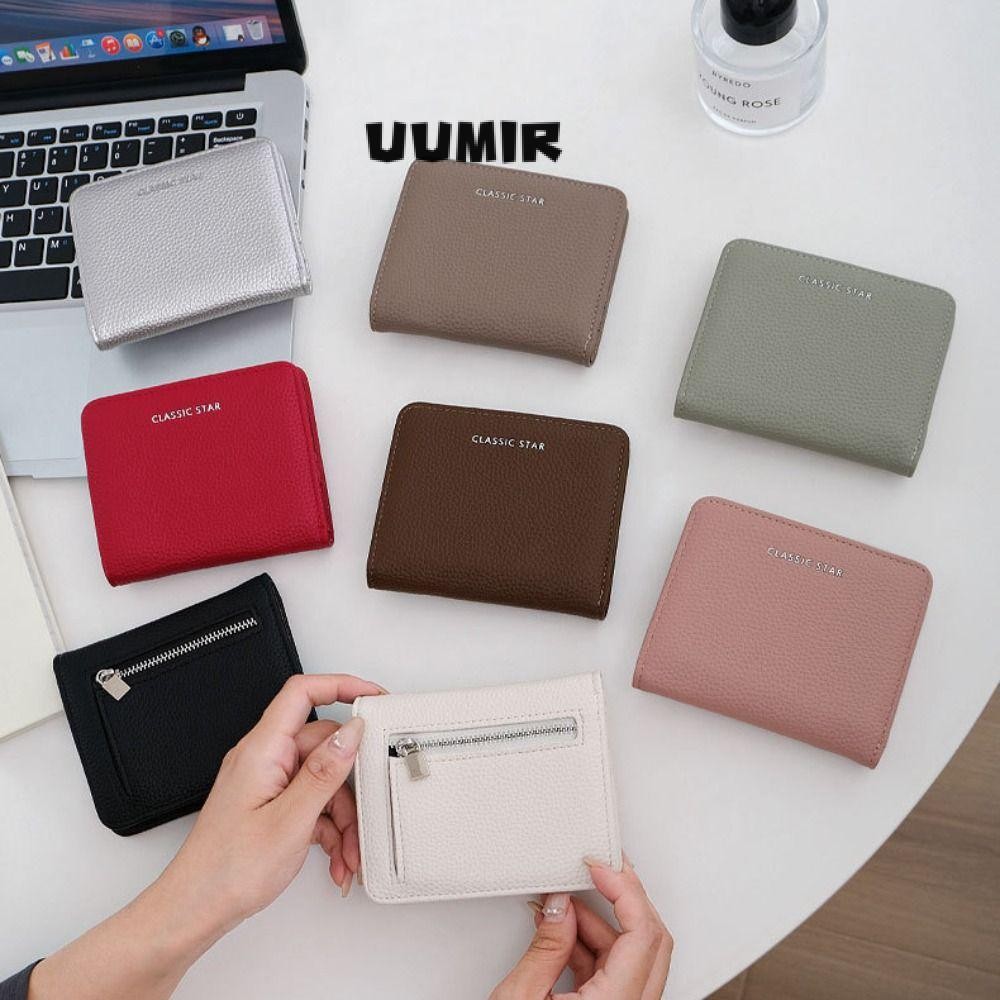 UUMIR กระเป๋าสตางค์ใบสั้นกระเป๋าใส่เหรียญขนาดเล็กแบบพกพา อิน สีทึบมีซิป ปู่ หนังกระเป๋าเงินผู้หญิง