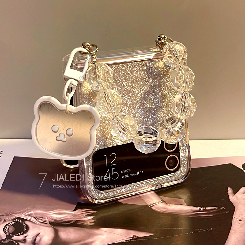Luken น่ารักหมีลูกปัดสร้อยข้อมือโซ่ Glitter บานพับเคสโทรศัพท์สําหรับ Samsung Galaxy Z Flip 4 5 Clear Hard Z Flip 6 OPPO ค้นหา N2 Flip N3 ฝาครอบ
