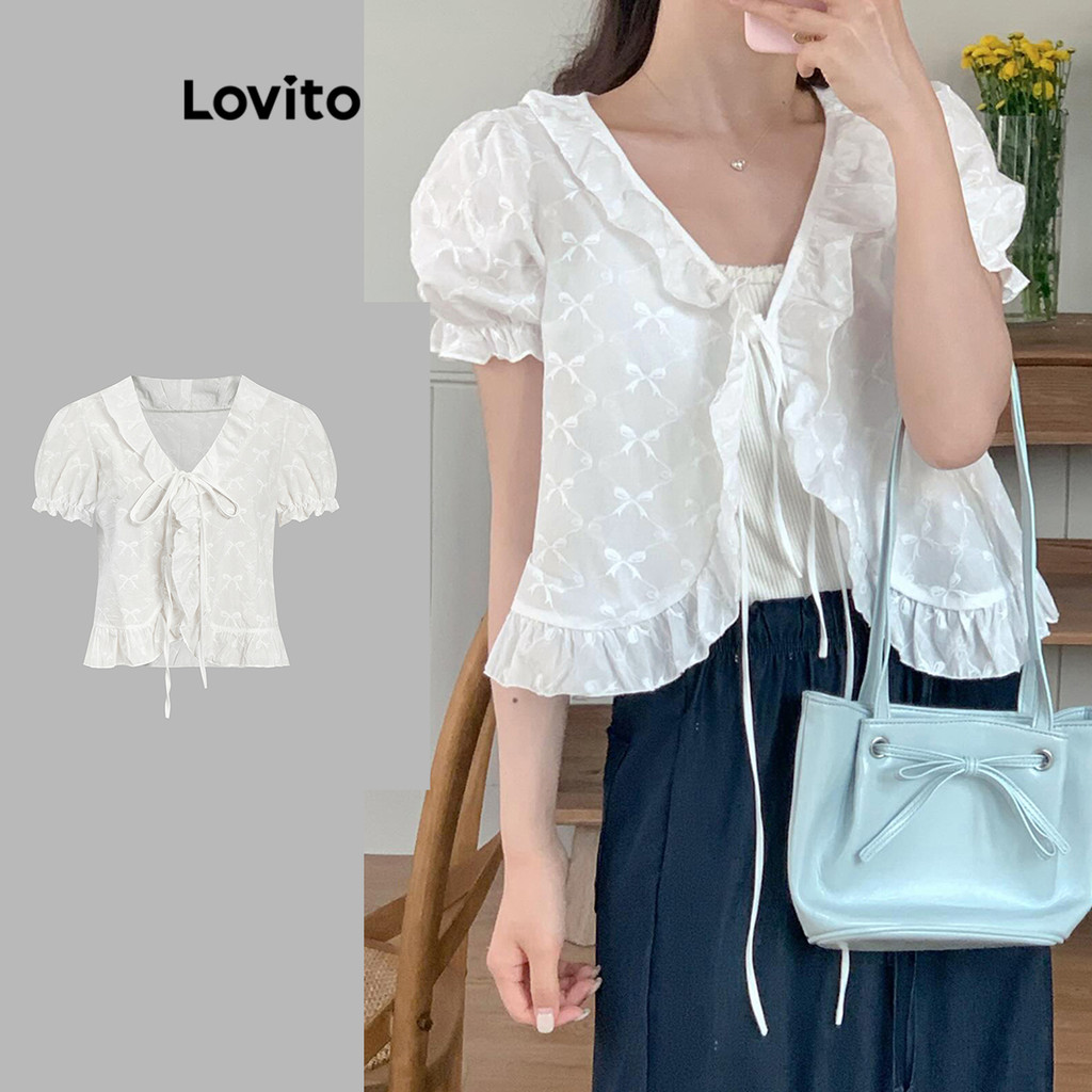 Lovito เสื้อแจ็คการ์ด นัวเนีย แจ็คการ์ด ลูกไม้ธรรมดาสำหรับผู้หญิง L95ED144