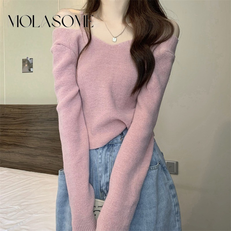 Molasome ผู้หญิง 2024 ใหม่แฟชั่นสีทึบปิดไหล่แขนยาวถัก Slim Fit Top