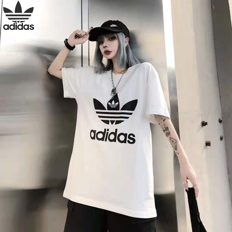 ADIDAS อาดิดาส เสื้อยืดผู้หญิงพิมพ์โลโก้เสื้อยืดคอกลมหลวมระบายอากาศเสื้อยืดผ้าฝ้ายแท้