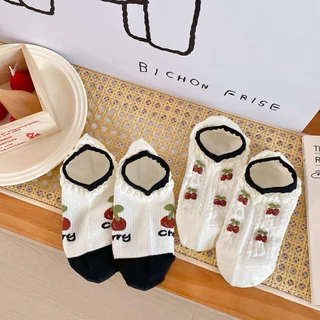 HOME818 ถุงเท้าข้อสั้น (5ลาย/10คู่) ลายเชอรี่ ถุงเท้าแฟชั่นเกาหลี เนื้อผ้านุ่มงานถักอย่างดี B67