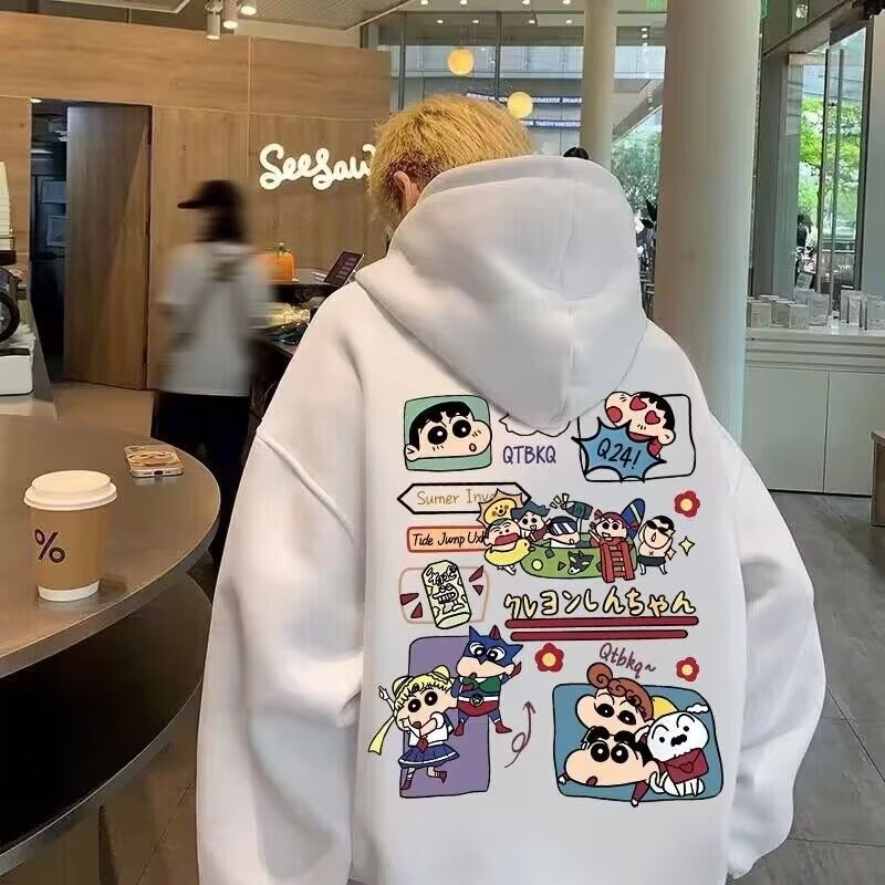 ม-5เอ็กแอล ญี่ปุ่นน่ารักการ์ตูนเครยอนชินจังพิมพ์เสื้อกันหนาวหมวกสําหรับผู้ชายอินเทรนด์และหลากหลายหลวมขนาดใหญ่เสื้อกันหนาวหมวกแจ็คเก็ตส