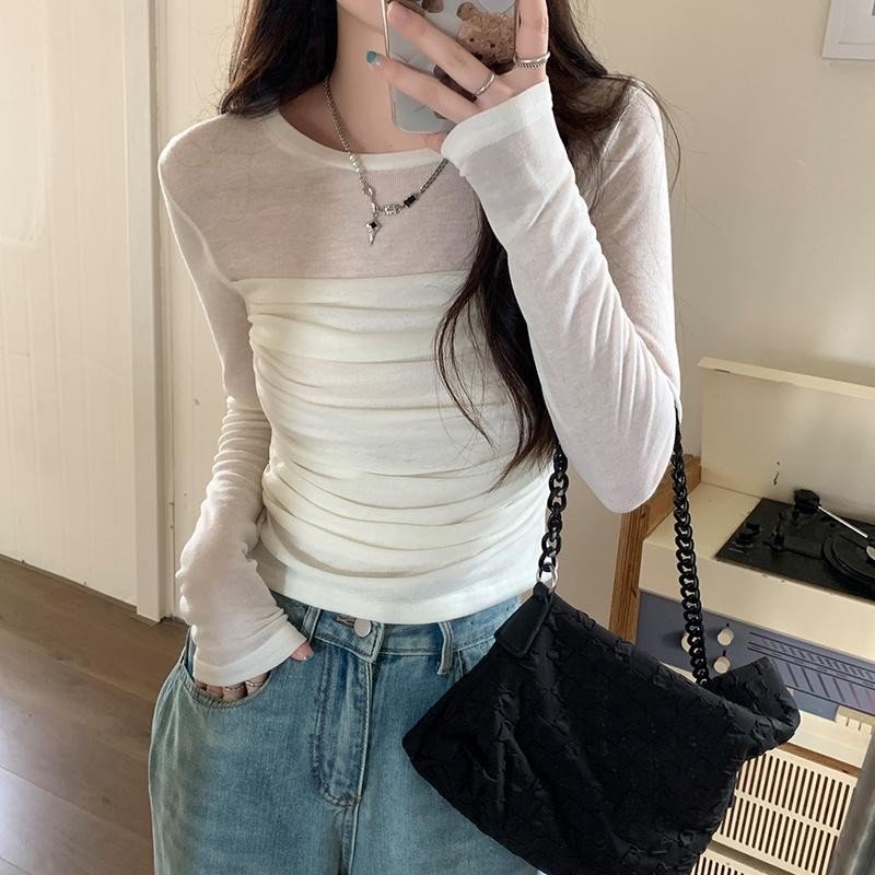 mimi&didi#เสื้อยืดตาข่าย ทรงสลิม คอกลม สำหรับผู้หญิง แขนยาว ดีไซน์จีบ แฟชั่นสไตล์เกาหลี#W458
