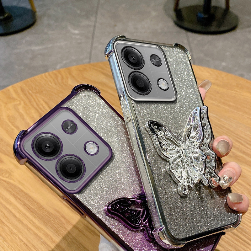 ปลอกสําหรับ Xiaomi Redmi Note 13 Pro 4G 5G Poco M6 Pro 4G Poco X6 Pro 5G K70E K70 Pro หรูหราสี่มุม Anti Drop Butterfly Stand Bracket Glitter Powder ฝาครอบป้องกัน