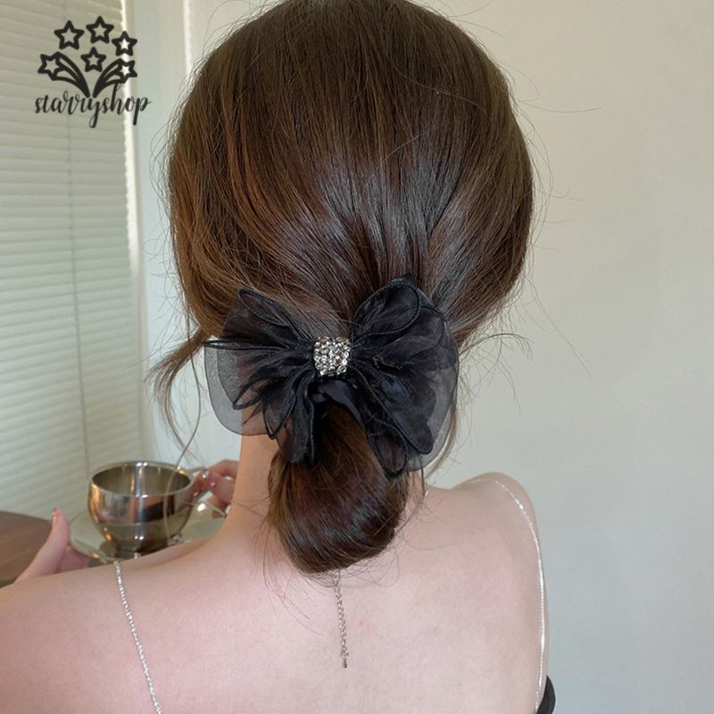 starryshopGauze Bow Rhinestone ขนาดใหญ่ลําไส้เชือกผมอารมณ์อุปกรณ์เสริมผมสาว Headdress
