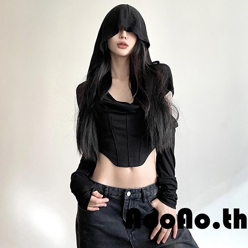 Aooao-เสื้อครอปมีฮู้ดสําหรับผู้หญิงเสื้อยืดแขนยาวคอกลมสไตล์โกธิค