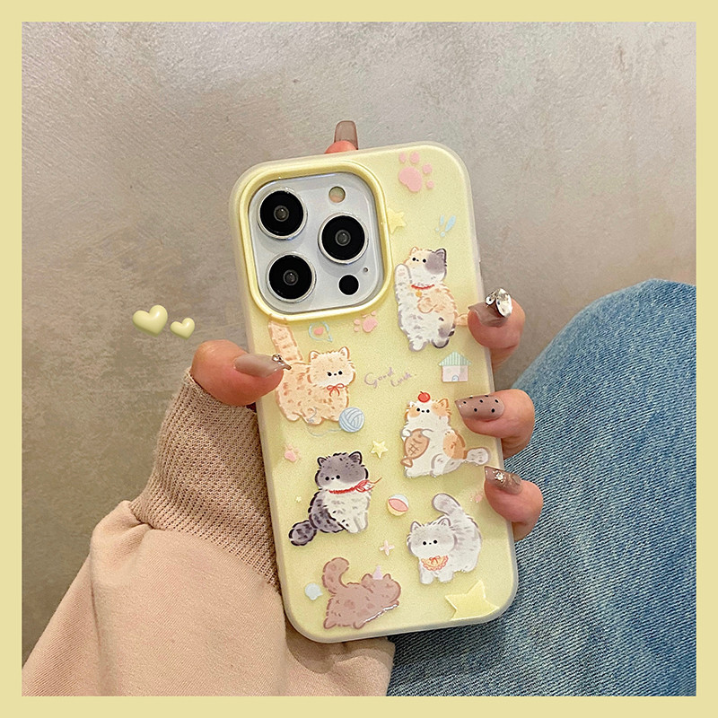 Huiwanju 2-in-1 แมวน่ารักเหมาะสําหรับ iPhone16 เคสโทรศัพท์มือถือ iphone15 เคสป้องกัน 14 เคสป้องกันการตก 1312 15promax ความรู้สึกขั้นสูง 15pro