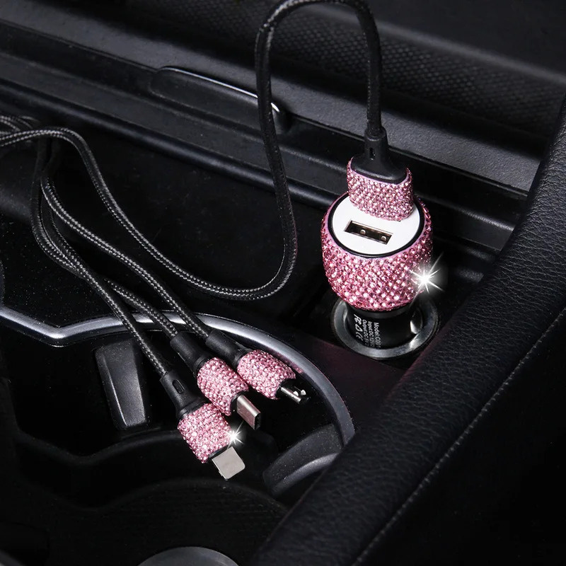 2026 ที่ชาร์จในรถยนต์ใหม่ Bling Usb5v2.1a Dual-Port Fast Adapter Pink Diamond Ladies อะไหล่รถยนต์พิเศษ