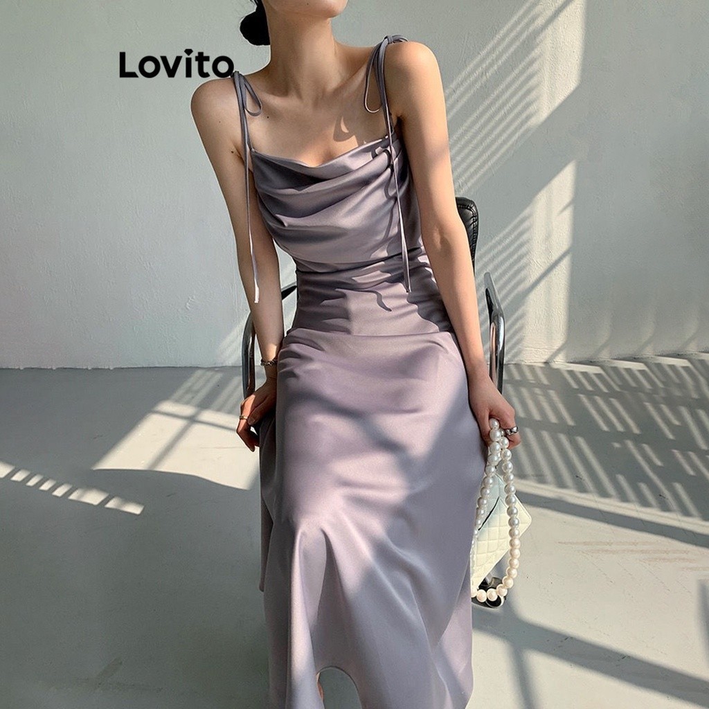 Lovito ชุดเดรสแบบผูกเชือก สีพื้น สไตล์ลำลอง สำหรับผู้หญิง LNA21071 (สีม่วง)