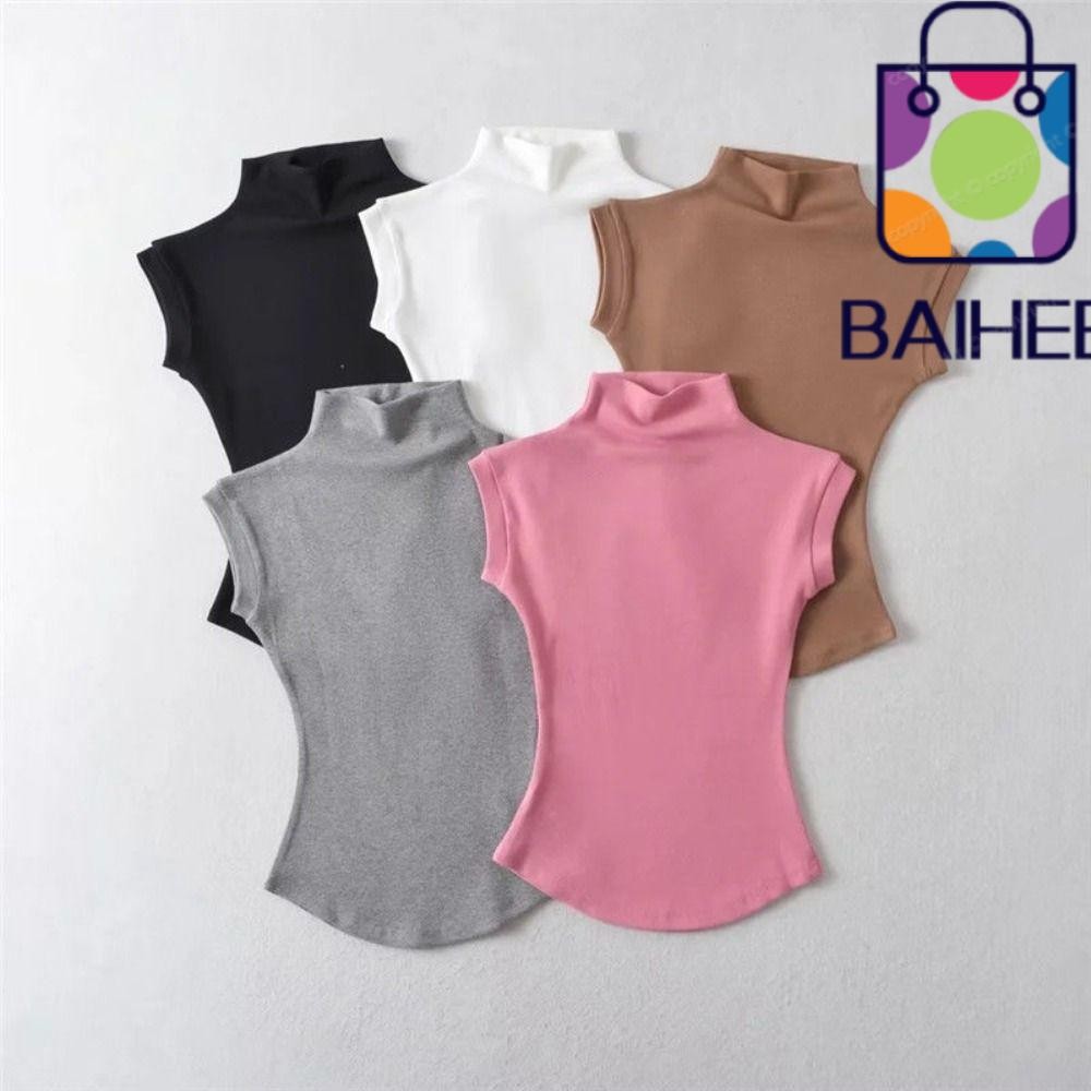 Baihee ผู้หญิงฤดูร้อนคอเต่าแขนกุด, ผ้าฝ้าย Tees เสื้อเสื้อยืด Tops, สีทึบหญิง Streetwear Basics Tees เสื้อผ้า Slim Fit Pullovers