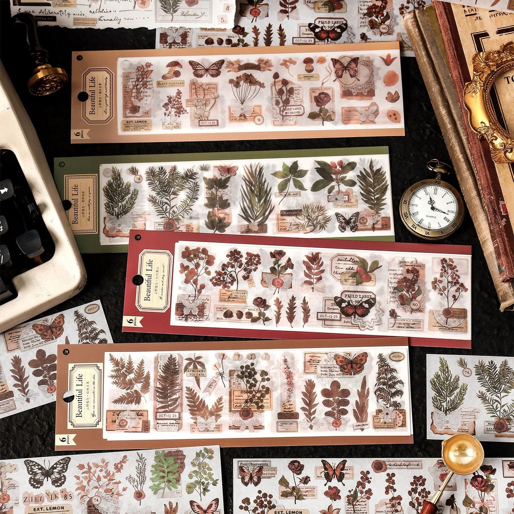 ไดลี่|6 แผ่นใน Washi Segmented Tape Light Retro Plant Illustrated Book สติกเกอร์คู่มือ DIY วัสดุตกแต่งสติกเกอร์คู่มือเทปคู่มือสติกเกอร์