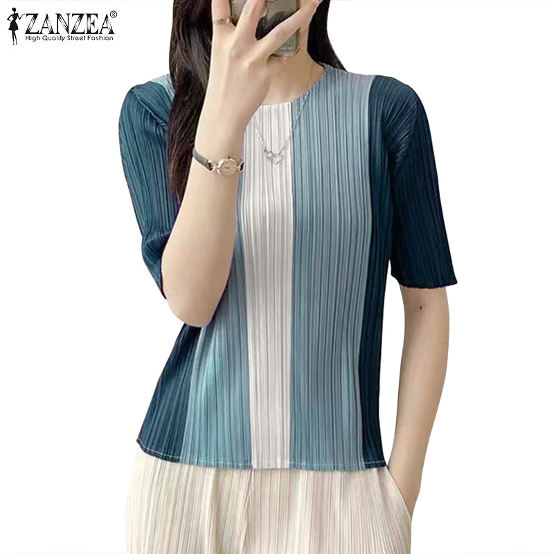ZANZEA ใส่ ซานเซีย ผู้หญิงเกาหลีลําลองสีทึบแขนสั้นเสื้อยืดเย็บปะติดปะต่อกัน