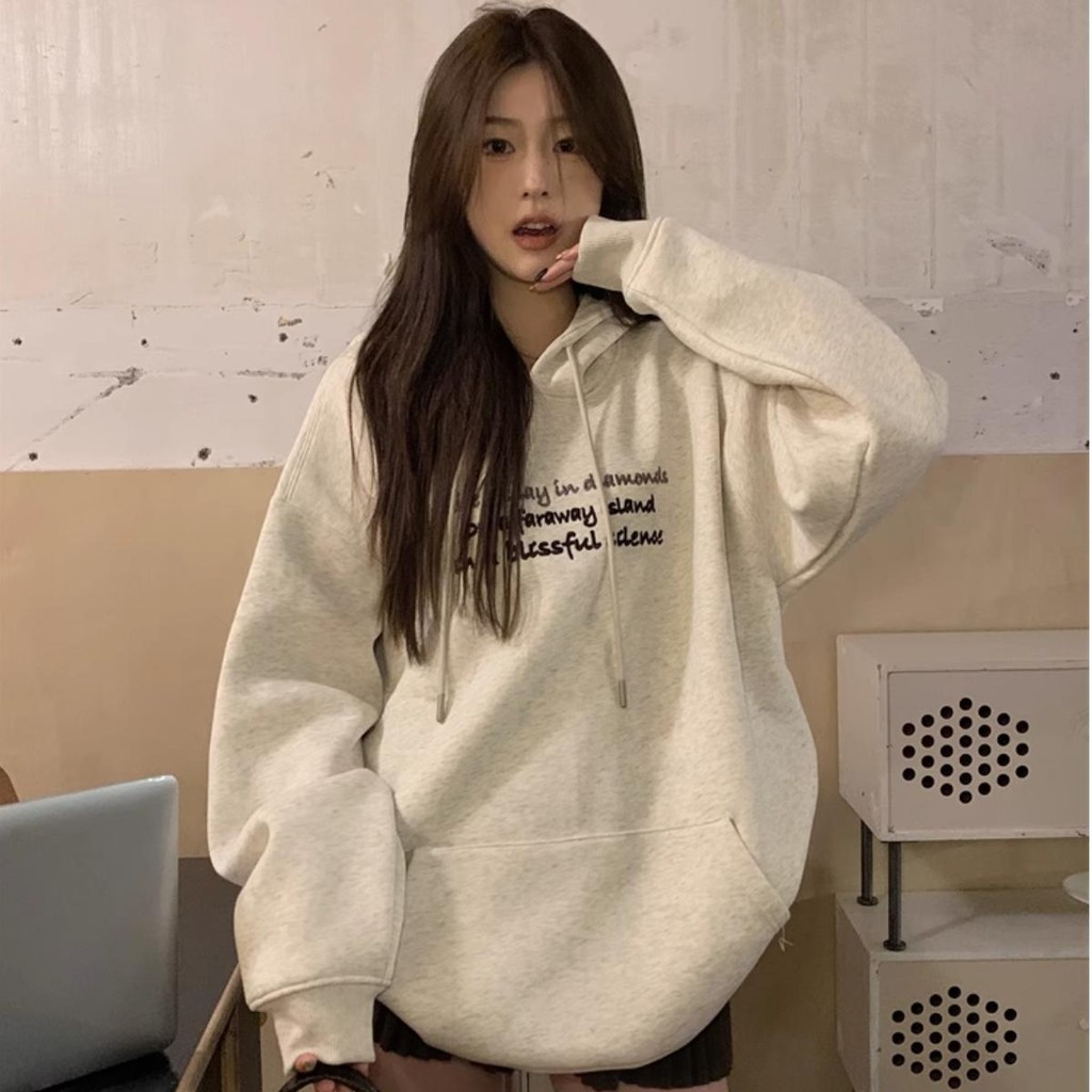 Solovely เสื้อโค้ทฮู้ดโอเวอร์ไซส์สไตล์เกาหลี ปักลาย (M-2XL) สำหรับผู้หญิง