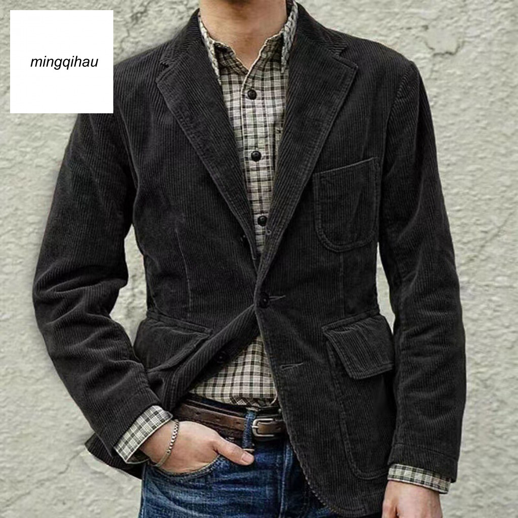 ไมล์_ แจ็คเก็ตอบอุ่นเสื้อสูทลําลองสไตล์ผ้าลูกฟูกเสื้อสูทกับกระเป๋าสําหรับผู้ชายธุรกิจทนกว่าสีทึบย้อนยุคปกแขนยาวออกแบบหลวมพอดีสําหรับคว