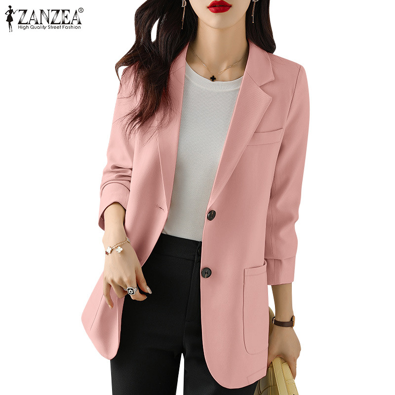 Zanzea ผู้หญิงเกาหลีกระเป๋าด้านข้าง Turn-Down-Collar สีทึบอารมณ์ Blazer
