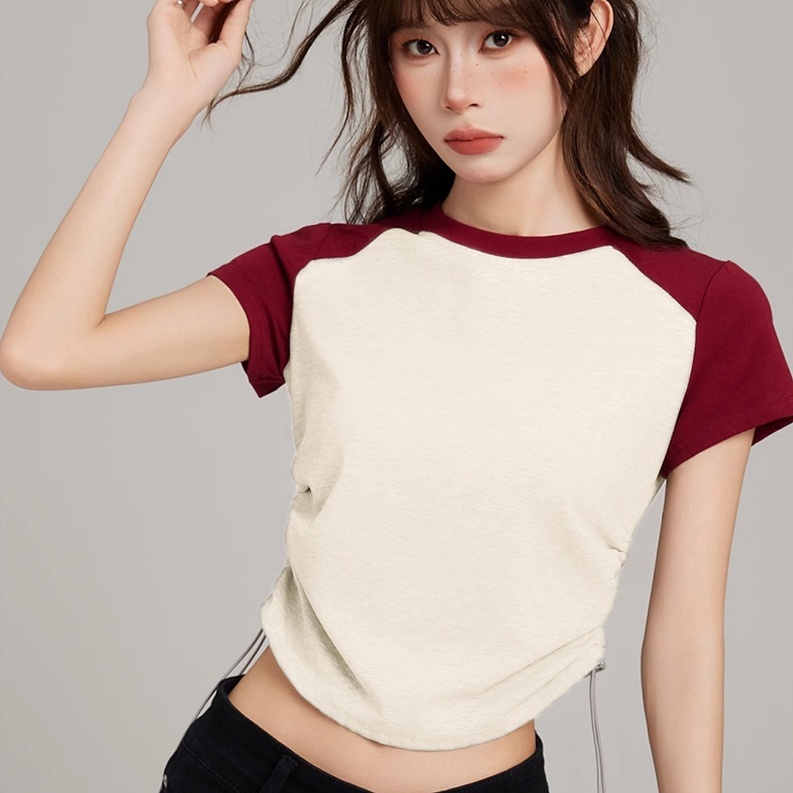 SuySuy พร้อมส่ง เสื้อยืด แขนสั้น คอกลม แต่งสายรูด2ข้าง ผ้าเรย่อนยืดได้เยอะ ใส่สบาย แฟชั่นสไตล์เกาหลี ลำลอง