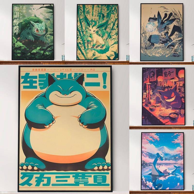 Snorlax, Arcanine, โปสเตอร์ญี่ปุ่นย้อนยุค, โปเกมอน, โปสเตอร์อนิเมะ, ศิลปะติดผนังห้องนอน, ตกแต่งบ้านญ