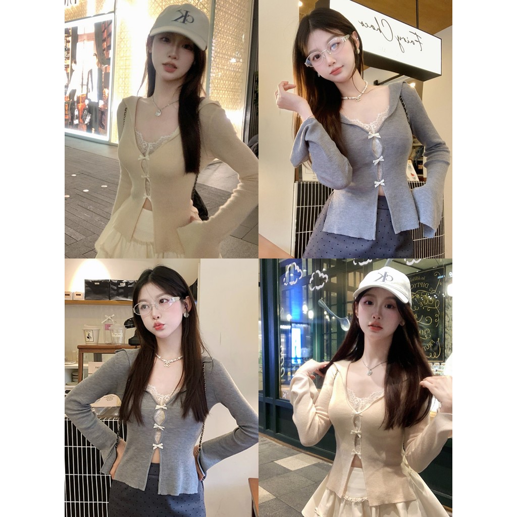 Anne เสื้อคาร์ดิแกน แขนยาว กระดุมหน้า แต่งโบว์ เข้ารูป เสื้อไหมพรม สไตล์เกาหลี ใส่สบาย น่ารักๆ #M5256