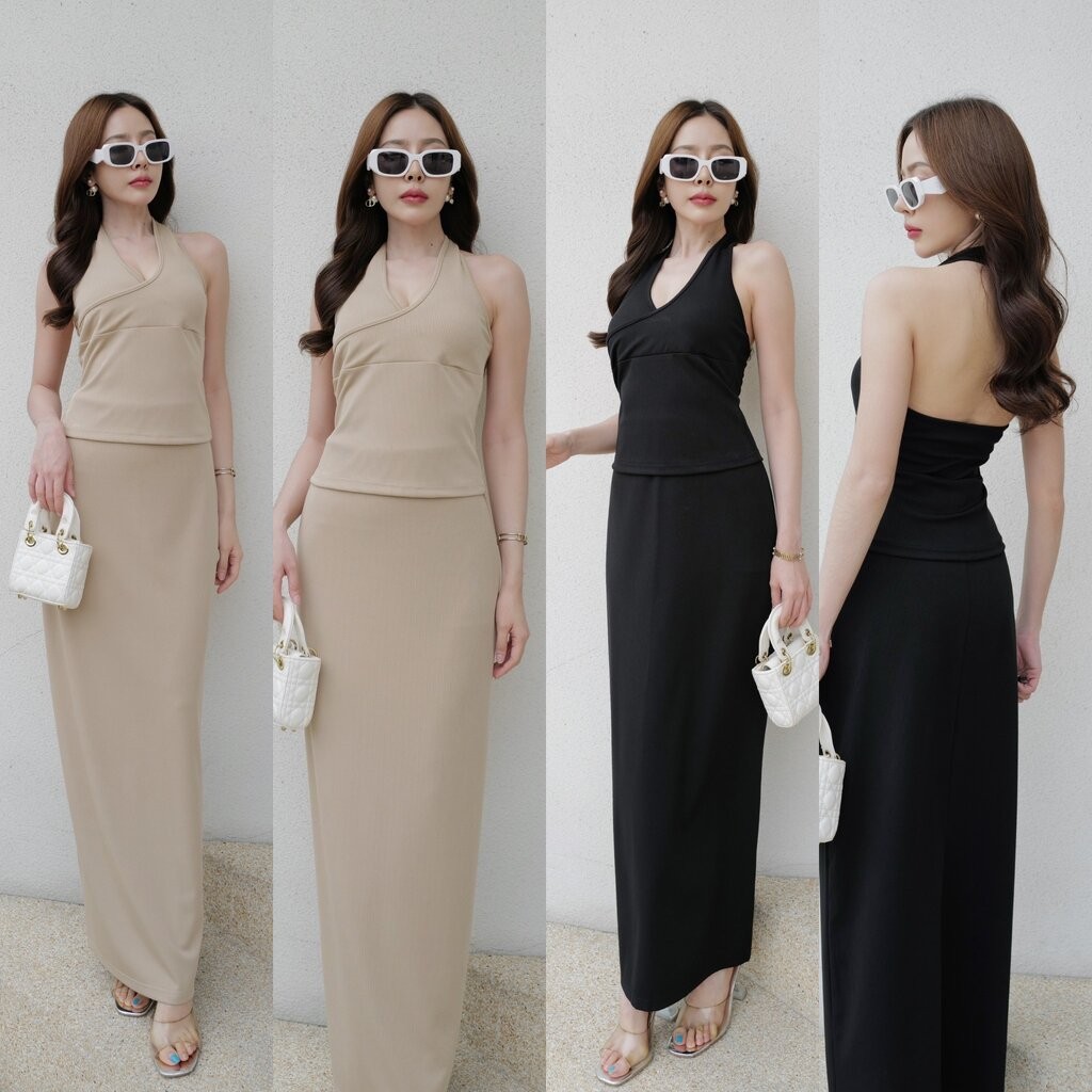 #9730 HILOOK ชุดเชต เสื้อค้องคอไขว้หน้า + กระโปรงยาวทรงตรง ผ้านิ้มยทืดใส่สบายสุดๆ