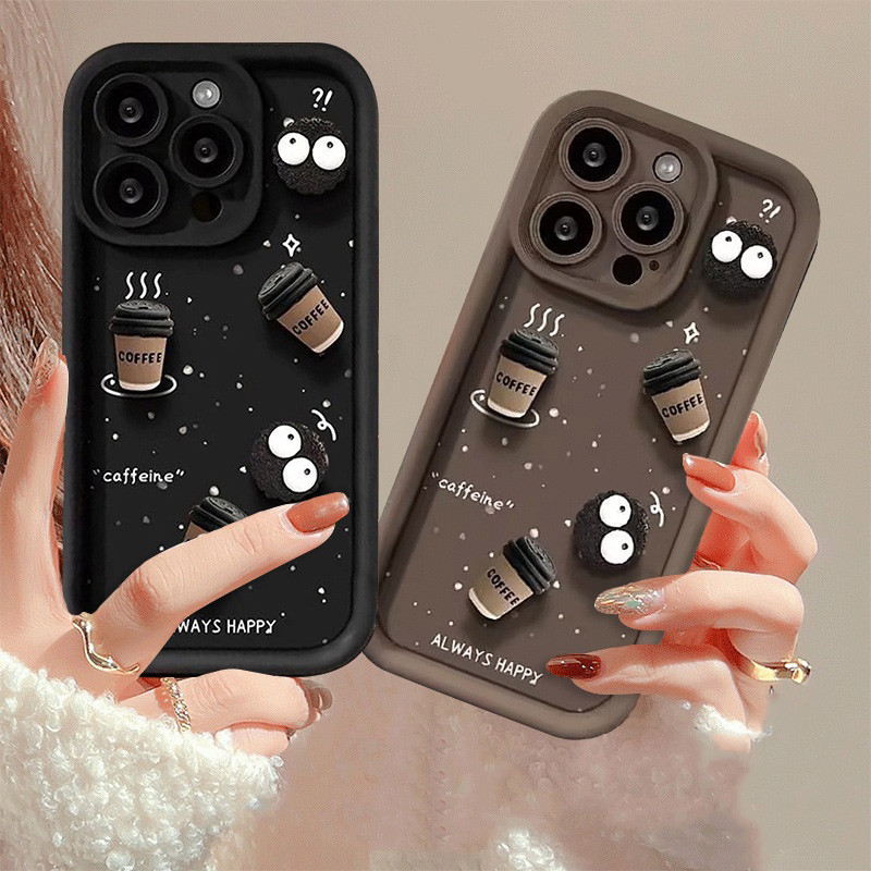 สําหรับiphone 16 15 14 12 13 11 Pro Max XR X XS Max 7 8 14 15 Plus SE2 มินิการ์ตูน 3Dตุ๊กตาน่ารักลูกถ่านหินกาแฟซิลิโคนกันกระแทกAngel Eye Cover