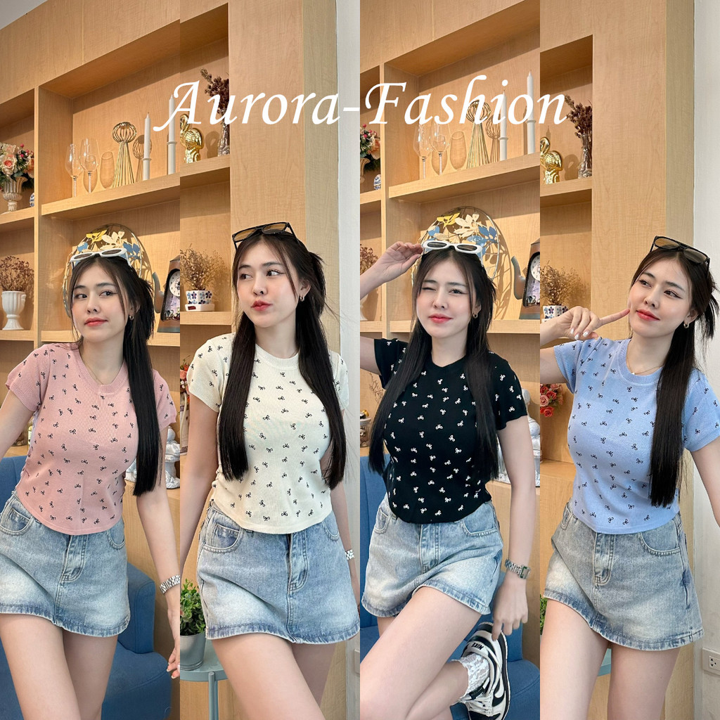 Aurora พร้อมส่ง (รูปถ่ายจากงานจริง)เสื้อไหมพรมแขนสั้น คอกลม ลายดอกไม้น่ารักสไตล์เกาหลี ผ้าใส่สบาย