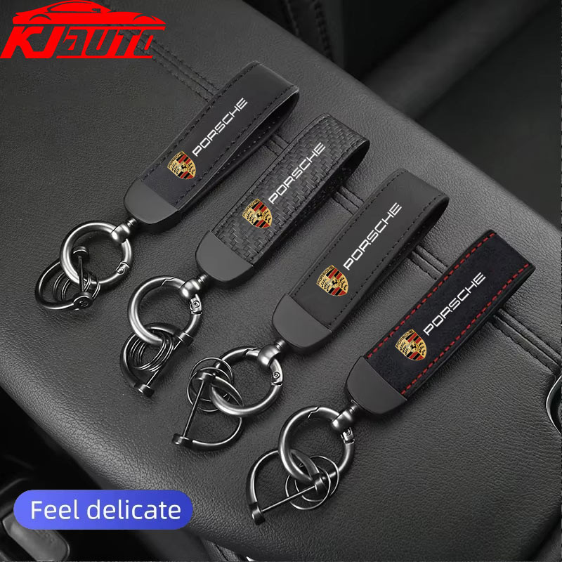 Porsche รถหนังนิ่มหนังพวงกุญแจจี้ Key Chain ผู้ถือคาร์บอน Patter กุญแจรถ Trinket พวงกุญแจสําหรับ Carrera gts turbo macan Cayenne Cayman 718 Boxster 911 Panamera อุปกรณ์เสริม