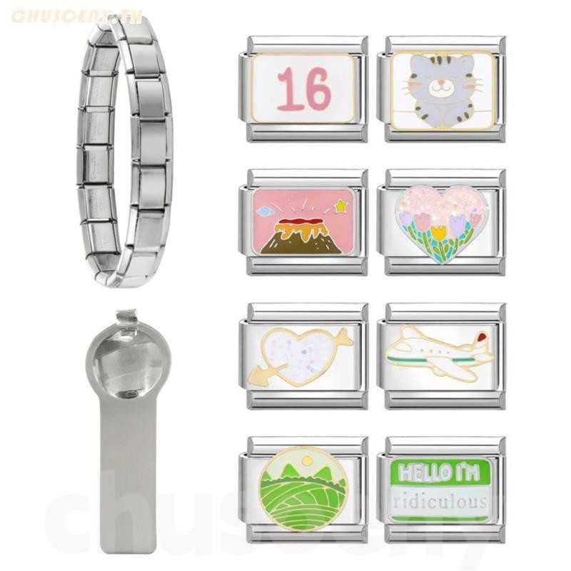ยอดนิยมรักสีชมพูการ์ตูนแมวอิตาเลี่ยน Charm Links Fit 9 มม.สร้อยข้อมือสแตนเลสทําเครื่องประดับ