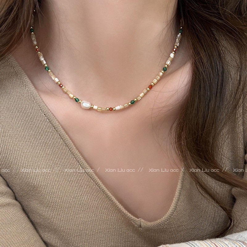 [ในสต็อก] dopamine Color beaded สร้อยคอมุกหินธรรมชาติ2024ใหม่ Hot-selling collarbone CHAIN