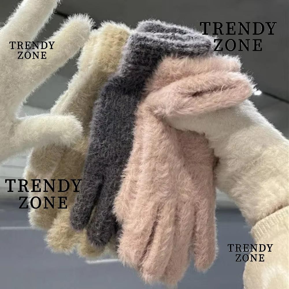 Trendyzone ถุงมือขนยาว, ถุงมือฤดูหนาวเย็นหนา, แฟชั่นระบายอากาศกันลมสีทึบถุงมือห้านิ้วฤดูหนาว