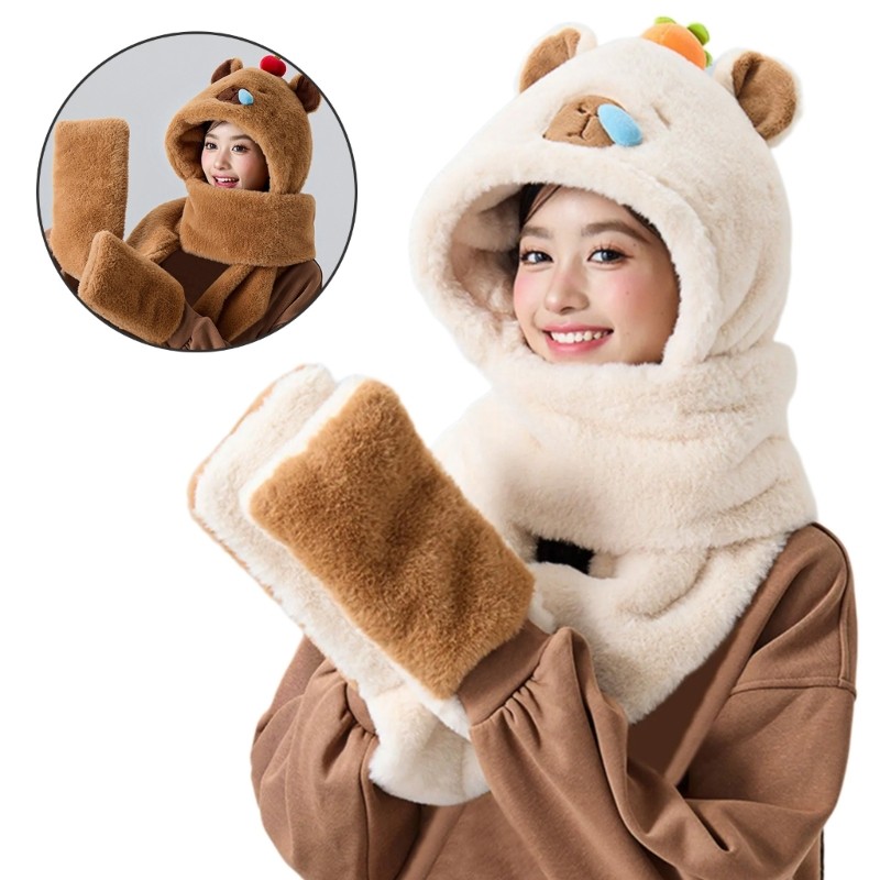 Alia Furry ถุงมือ Head Wrap Furry Capybara Soft Thicken Hood สําหรับผู้หญิงสวมใส่กลางแจ้ง