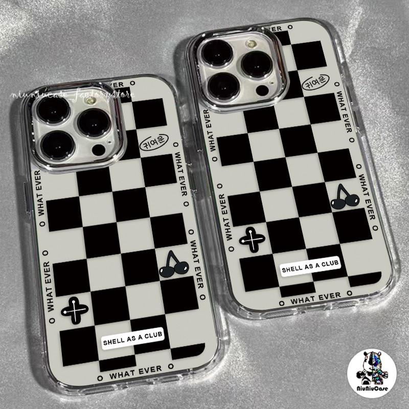 เคสไอโฟน11 ตาหมากรุกรูปแบบลูกบอลถ่านหิน For iPhone 11 13 12 14 15 16Pro Max X XS XR 7P SE เคส รูปแบบโปร่งใส เคสไอโฟนสวยๆ