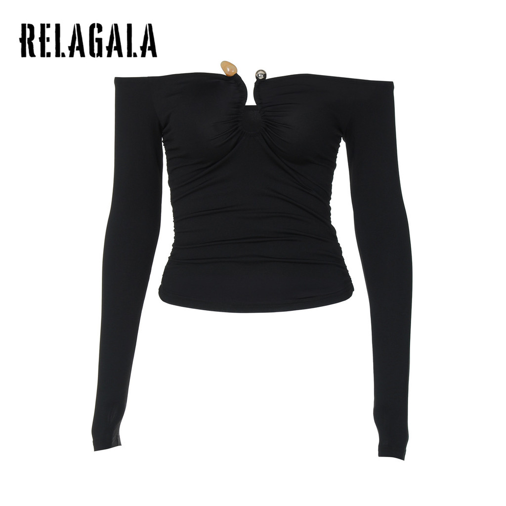 Relagala Womens 2024 Off Shoulder Hollow Hole เสื้อยืดแขนยาว