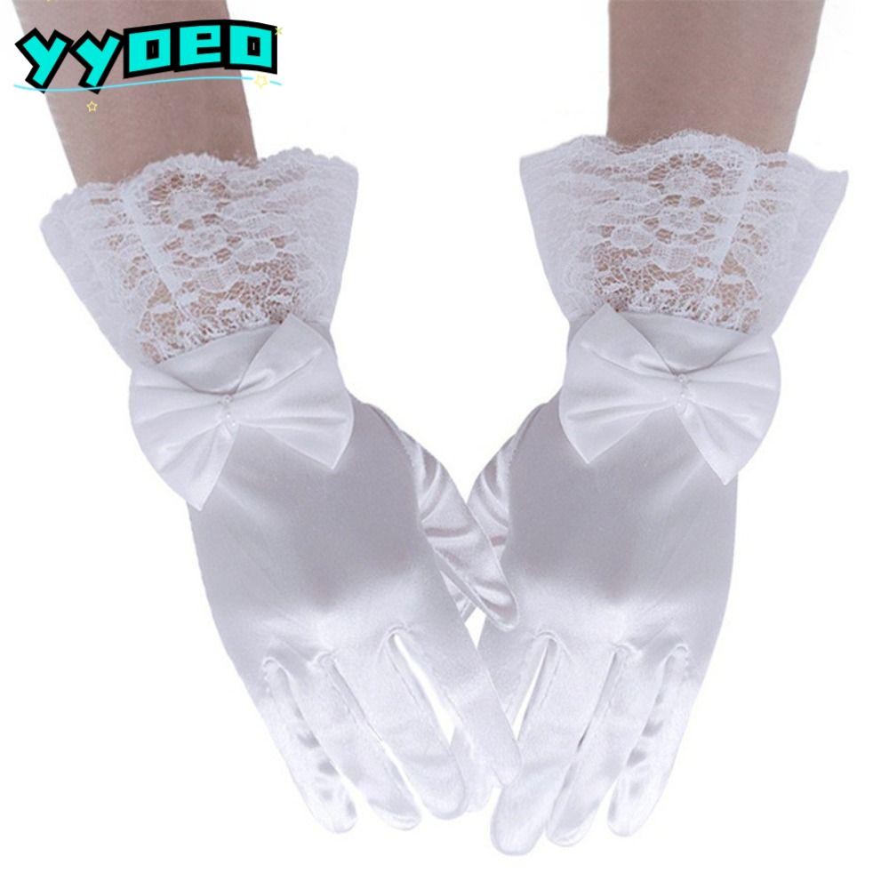 ใช่ ถุงมือแต่งงานสําหรับเด็ก,ถุงมือลูกไม้โบว์โบว์ซาตินมันวาว, ถุงมือชุดมารยาทยืดหยุ่นสั้นสีขาวสร้างสรรค์เทศกาล
