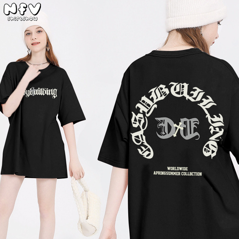 NFV เสื้อยืดแขนสั้นคอกลม💕โอเวอร์ไซซ์ ใส่สบาย ลวดลายแฟชั่น ผ้าคอตตอน 100% สไตล์เกาหลี เนื้อผ้านุ่ม ระบายอากาศ YG1079