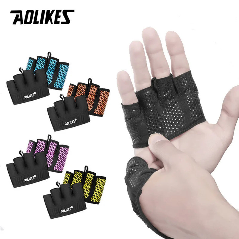 AOLIKES Gym ถุงมือครึ่งนิ้วผู้ชายผู้หญิงซิลิโคนกันลื่นถุงมือออกกําลังกาย Pull Up Power Weight Lifting Grips Hand Plam Protector