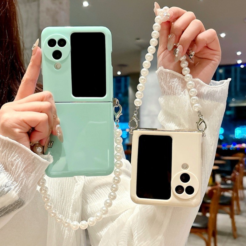 น่ารัก Slim Candy สีเคสโทรศัพท์สําหรับ OPPO ค้นหา N3 Flip N2 Flip Case พร้อม Pearl Brecelet Soft TPU