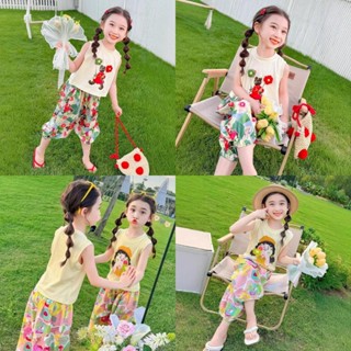 เด็กสองชิ้นฤดูร้อนสไตล์ใหม่แขนสั้น 2568เสื้อกักสาวเสื้อยืดแฟ…