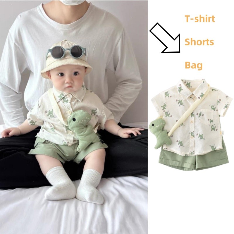 ชุดเสื้อยืดและกางเกงขาสั้นแขนสั้นสำหรับเด็กชายอายุ 0-2 ปี พร้อมกระเป๋าเป้ไดโนเสาร์ สไตล์เกาหลี