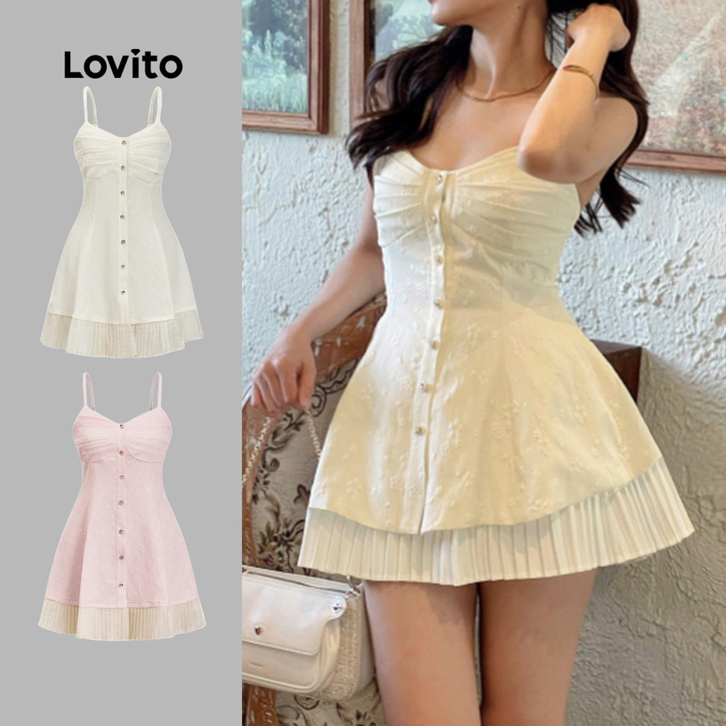 (Hot) Lovito ชุดเดรสลําลองชุดเดรสกระดุม ผ้าแจ็คการ์ด แบบจีบฤดูร้อนสําหรับผู้หญิง L86ED347